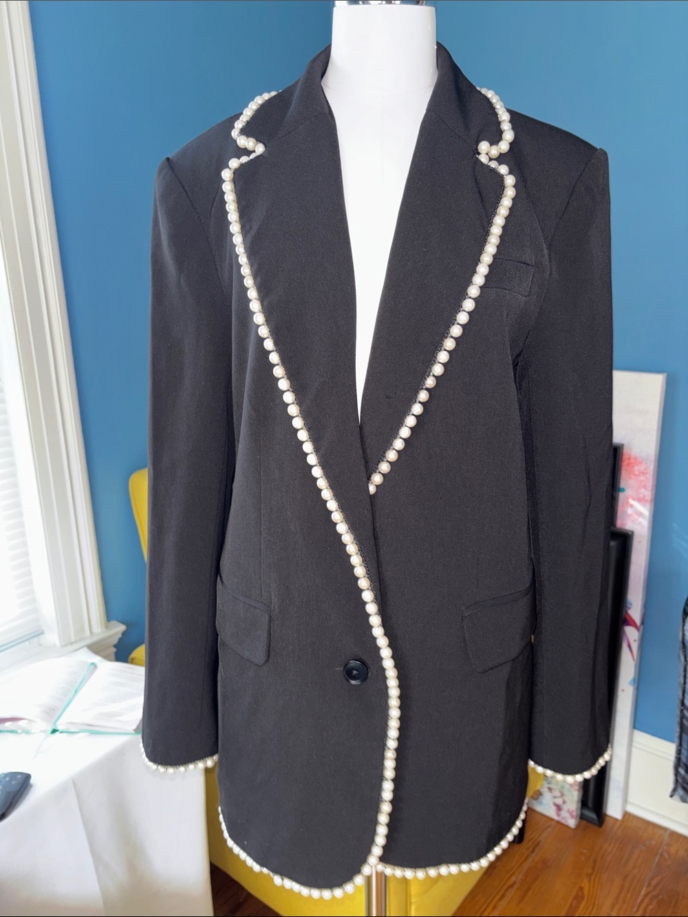 english rose Black Blazer with Pearl Trim